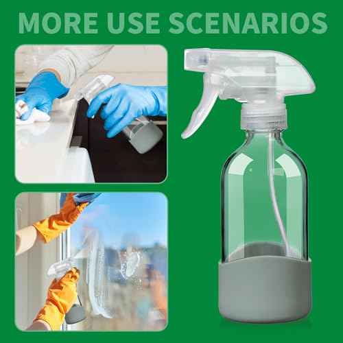 8oz Clear Glass Spray Bottles with Silicone Sleeve?Refillable Spray Bottles for Cleaning Solutions,Hair,Plants&Essential Oils?Leakproof,Adjustable Nozzle,Reusable,Eco-Friendly (1 Pack)