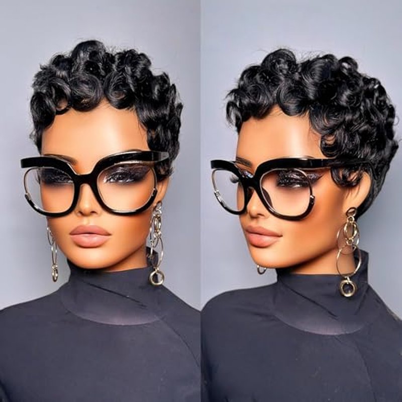 Pixie Cut Human Hair Wig Short Curly 1B Black Women