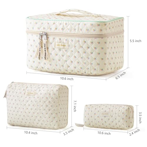 HBselect Quilted Makeup Bag Set, 3-Piece Cotton Travel Organizer