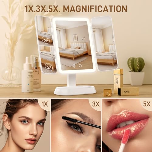 FRANO Rechargeable Trifold Makeup Mirror with 3X/5X Magnification & Dimmable LED Lights