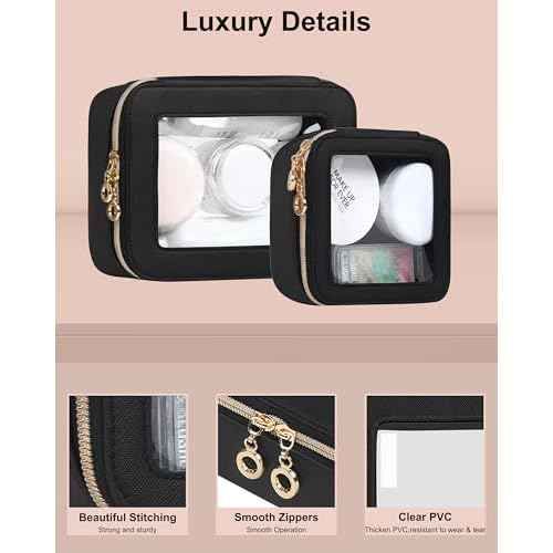 Leather Clear Makeup Bags Set - Travel Clear Cosmetic Bag Case with Zipper, Transparent TSA Approved Toiletry Bags for Travel Essentials Car Accessories for Women (Black, S+M)