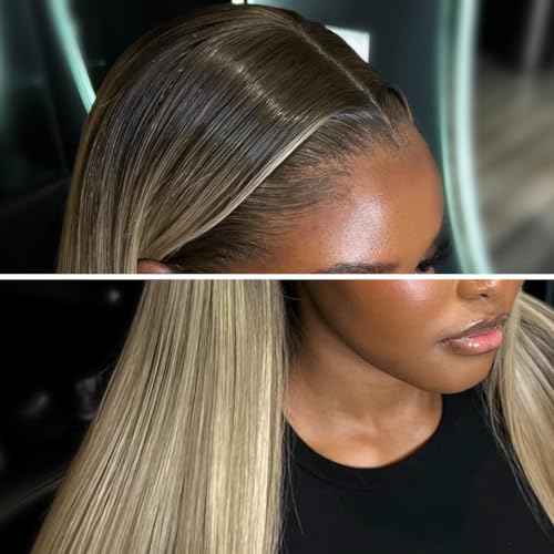 Ombre Ash Blonde Wigs Human Hair Natural Roots 200% Density 13x6 Straight HD Glueless Lace Frontal Wigs Human Hair for Women Pre Plucked Ombre Dirty Blonde Straight Lace Frontal Wigs 20 Inch