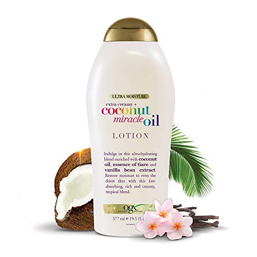 OGX Extra Creamy + Coconut Miracle Oil Ultra Moisture Body Lotion with Vanilla Bean, Fast-Absorbing Lotion for All Skin Types, Paraben-Free and Sulfated-Surfactants Free, 19.5 fl oz