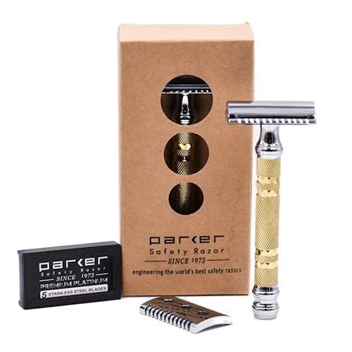 Parker, "The Convertible", Double Edge Safety Razor ? Interchangeable Open & Closed Comb Plates, Solid Brass/Chrome 93?g Handle, Customizable Shave from Mild to Aggressive