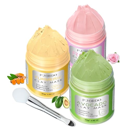 Pjordo Clay Mask Kit, Turmeric Vitamin C Clay Mask, Avocado Clay Mask, Rose Clay Mask, Facial Mask Skin Care Set for Deep Cleansing Reduce Blackheads Dark Spots, Perfect Gifts, 2.82 Oz Each