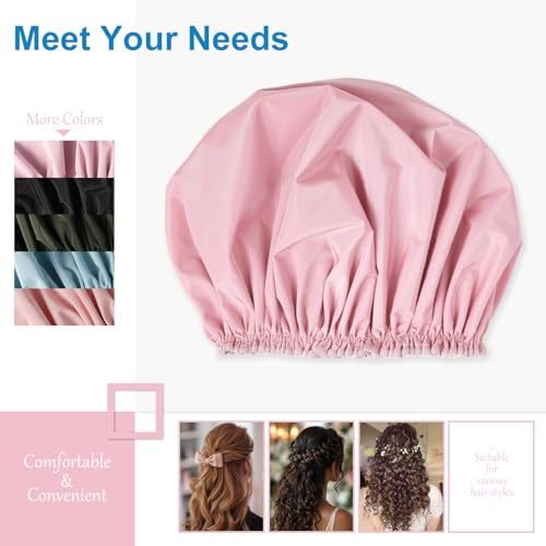 Large Waterproof Shower Cap for Women - Pink, Double-Layer Hair Bonnet