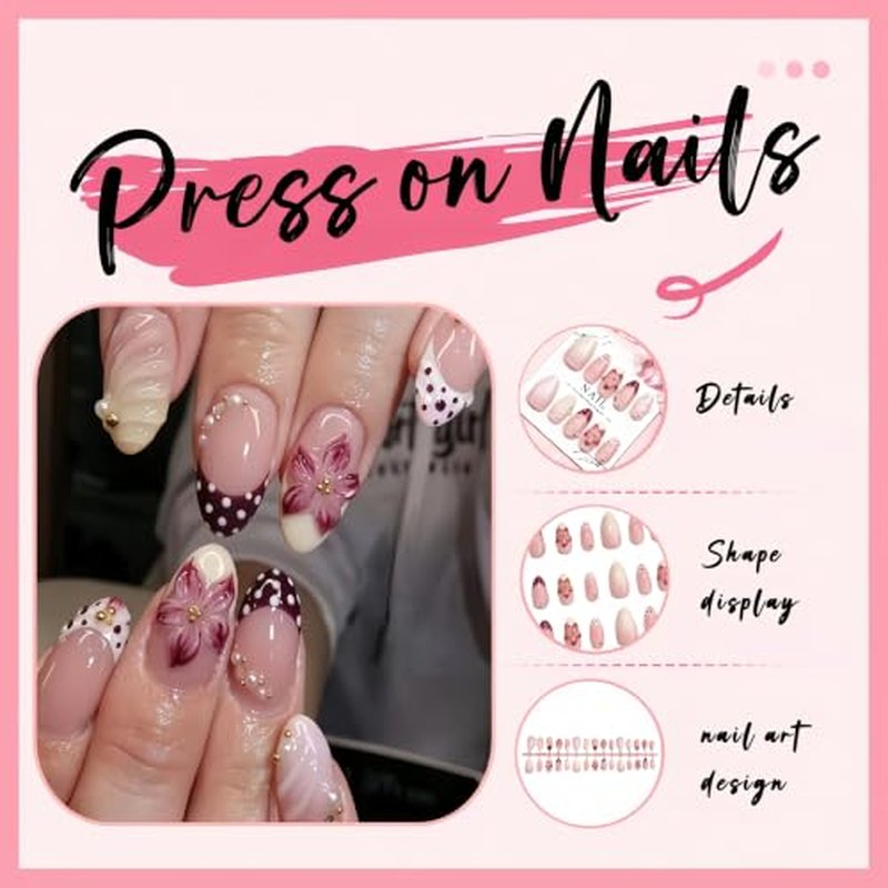 3D Floral Press On Nails Medium Almond 30pc Set