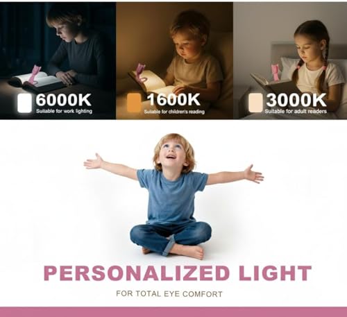 Pink Rechargeable Kids Book Light with Clip & Dimmable LED for Bedtime Reading - Portable & Eye-Caring