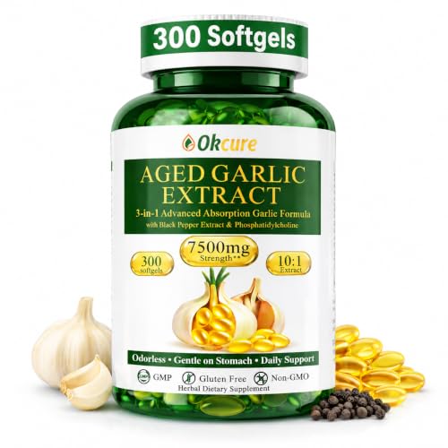 Okcure 300 Softgels Aged Garlic Extract Odorless 3-in-1 Cardiovascular & Immune Support