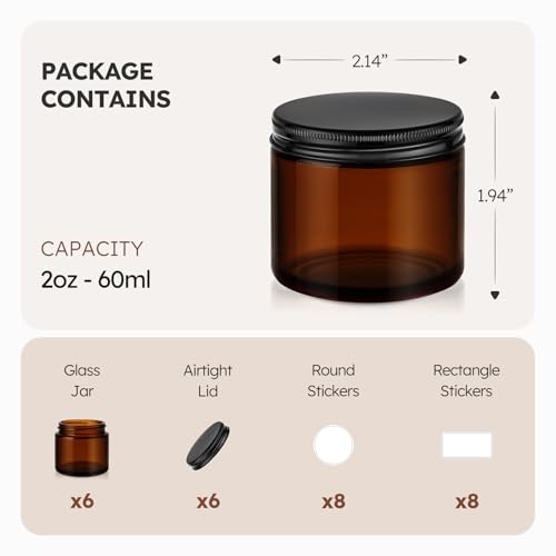 2 oz Amber Glass Jars with Black Lids, 6 Pack
