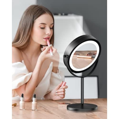 Gospire 7" Lighted Makeup Mirror with Magnification 10X/1X Double Sided, Round Magnifying LED Vanity Standing Cosmetic Shaving Mirror with Battery Operated, Cordless Portable for Bathroom Bedroom