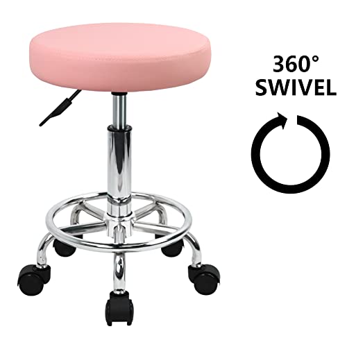 Pink PU Leather Rolling Stool with Footrest & Height Adjustment - Salon & Drafting Chair