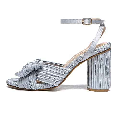 Athlefit Women's Open Toe Chunky Heels Pleated Bow Ankle Strap Heeled Sandals Wedding Bridal Shoes