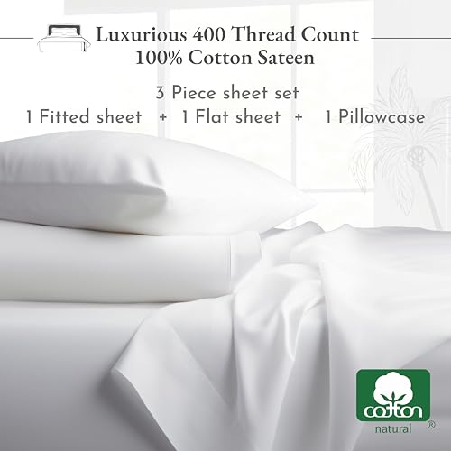 California Design Den Twin XL Sheets Set, Good Housekeeping Award Winner, 400 Thread Count Sateen, 100% Cotton Sheets, Soft Luxury 3 Pc Dorm Rooms & Adults Cooling Sheets Set (White Sheets)