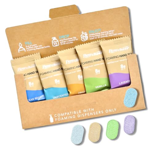 flowcheer Foaming Hand Soap Refill Tablets -5 Sample Pack Hand Wash Tablets, Zero Waste Eco Friendly Cleaning Supplies-Fills 5 X 9 fl oz Refillable Foam Dispenser(45 Fl oz total)