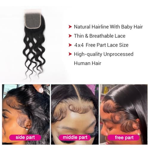 18 Inch 4x4 HD Lace Closure Brazilian Virgin Human Hair Natural Wave Transparent Lace Closure Pre Plucked with Baby Hair Free Part Natural Wave Lace Closure, Black