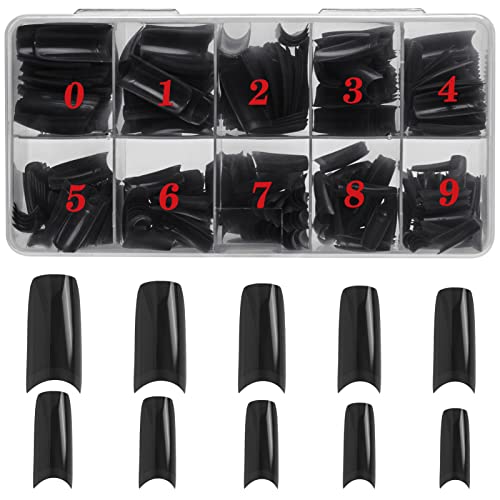 500PCS Black Half Cover Nails Tips, krofaue Lady French Style Acrylic Artificial Tip Manicure with Box of 10 Sizes Black Press on Nails for Nail Tips Art Salons and Home