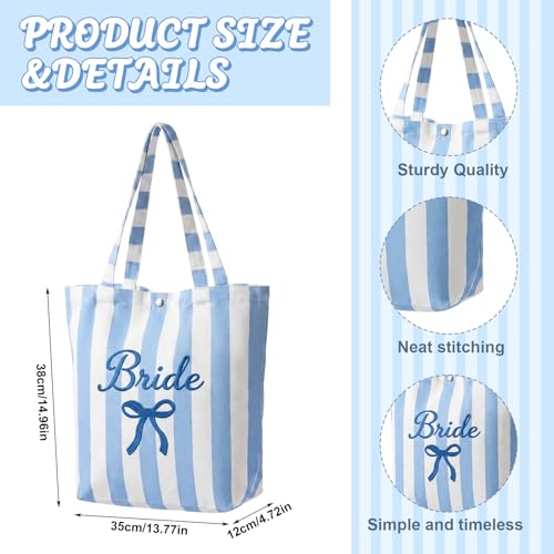 Blue Striped Canvas Tote Bag for Beach, Bridesmaid & Summer Party