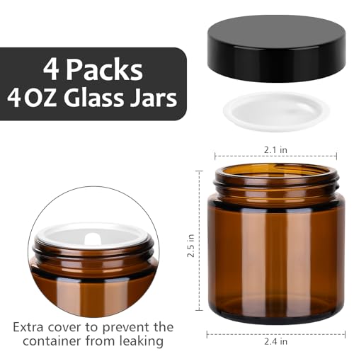 Accmor 4 oz Amber Glass Jars - Leakproof Cosmetic Containers, 4 Pack