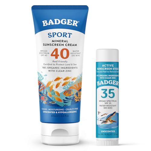 Badger SPF 40 Reef Safe Sport Sunscreen and SPF 35 Sunscreen Face Stick