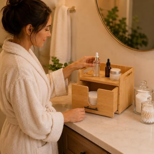 Vespara Bamboo Disposable Face Towel Holder with Drawer & Glass Jars - Vanity Skincare Organizer