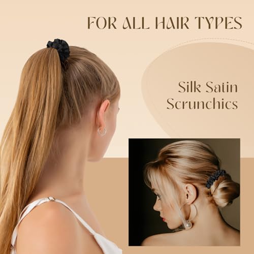 Premium Black Silk Satin Hair Ties Scrunchies - 8 PCS Gift Box