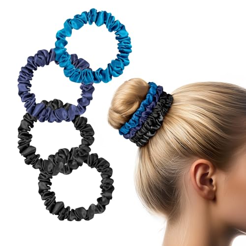 Zenssia Silk Hair Ties Scrunchies 4-Pack No Damage Elastic Hair Accessories for Fine & Thin Hair - Black, Navy, Royal Blue