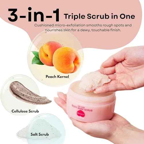 Pelican Soap Cream Body Scrub with Sea Salt, Peach Extract & Aloe Vera, Full Body Scrub Exfoliant Dead Skin Remover for Sensitive Skin & Rough Skin, Turns into Creamy Foam with Net from Japan, 6.35 Oz