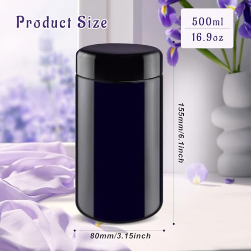 2 Pcs Black Violet Glass Jar Refillable Ultraviolet Container Wide Mouth Storage Bottle for Spices Powder Coffee Cosmetic Home Kitchen - 500ml/16.9oz