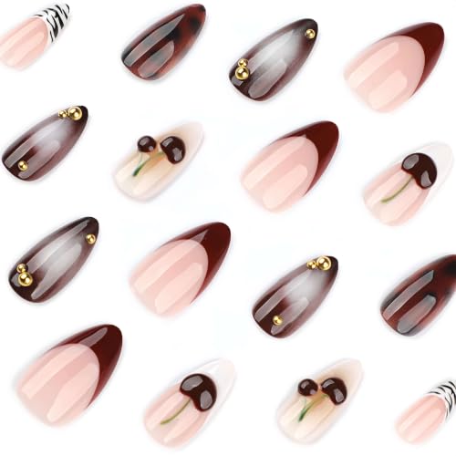 Stbisen 3D Cherry Noir Medium Almond Fake Nails with Tortoise Shell & Gold Accents, Smoky Jelly Gradient, 24PCS, Variation: 3D-65-Cherry Noir