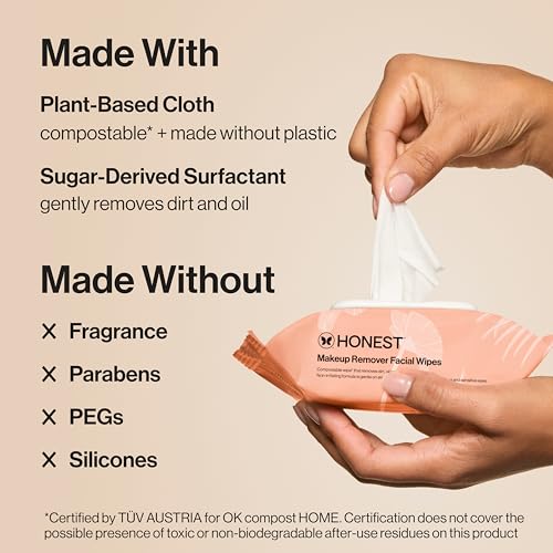 Honest Beauty Fragrance Free Cleansing Makeup Remover Facial Wipes | Plant Based,Hypoallergenic,Gentle for Sensitive Skin |,(Pack of 180)