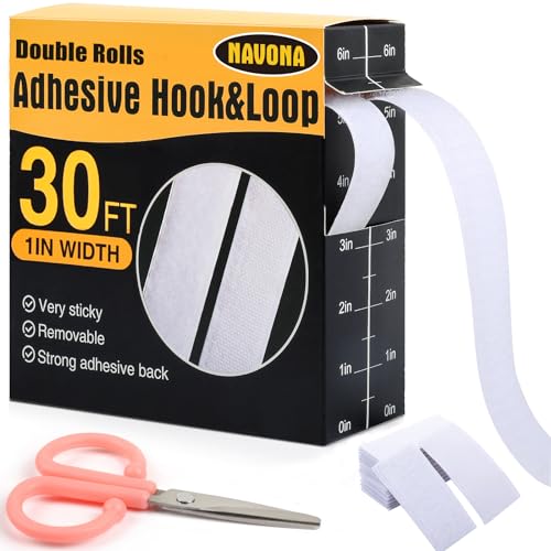 30Ft x 1 Inch Hook and Loop Strips with Adhesive,Double Rolls of Heavy Duty Self Adhesive Tape with Backing, Nylon Self Adhesive Tape for Home Office School and Crafting,White