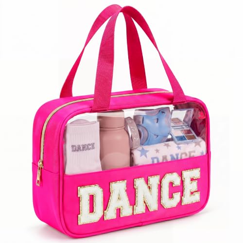 Hot Pink-White Dance Makeup Bag with Chenille Letter & Handle - Girls & Women Gift