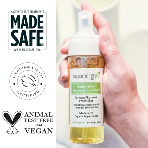 kosmatology Lemongrass Organic Foaming Face Wash ? 6 fl oz | Natural Acne Treatment for Oily & Rosacea-Prone Skin | Gentle Cleanser with Rosemary & Lavender | Vegan & Cruelty-Free