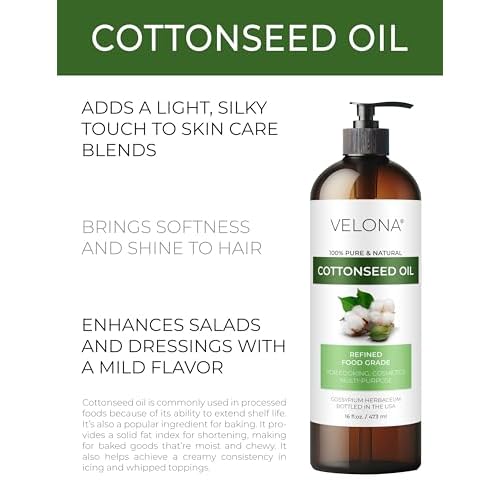 Cotton Seed Oil by Velona - 16 Fl Oz | 100% Pure and Natural Carrier Oil | Refined, Cold pressed | Cooking, Skin, Face, Body, Hair Care | Use Today - Enjoy Results