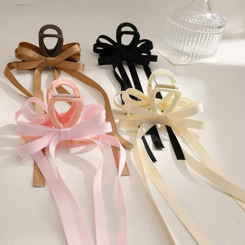 Kasmena 4 Pack Hair Accessories: Big Bow Claw Clips with Long Tassels, Medium Hair Clips with Ribbons, and Bow-knot Clips for Thin or Thick Curly Hair