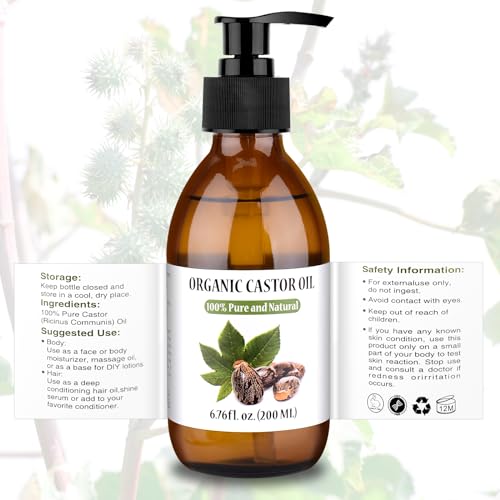 KSSZZCO 6.76 fl oz Organic Castor Oil Cold Pressed (Glass Bottle), 100% Pure and Natural and Hexane Free Castor Oil for Hair & Skin, Eyelashes, Eyebrows, Joint