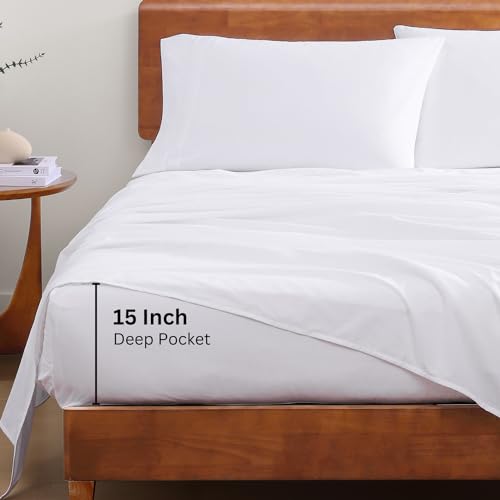 LANE LINEN 100% Organic Cotton Full Size Bed Sheets, Super Soft Long Staple Cotton Bed Sheets Full Size, Percale Weave Bedding Sheets and Pillowcases - White Full Sheet Set Fits 15" Deep Mattress