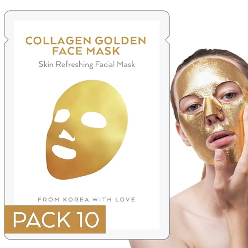 Korean Collagen Face Mask 10 pack - 24K Gold Face Mask Skin Care - Premium Alternative to Korean Sheet Masks - Deep Collagen Mask For Face, Skin - Hydrating Face Masks Skincare - Korean Face Mask Set