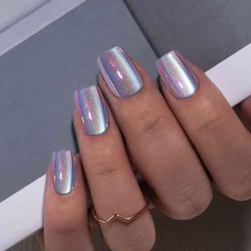 CurvLife Chrome Square Cat Eye Press-On Nails - Purple Soft Gel, Long-Lasting, Includes Nail Glue & Tabs