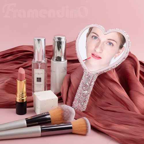 Framendino, 1 Pack Rhinestone Handheld Mirror Heart Bling Glitter Cosmetic Dazzling Portable Hand with Handle for Women (Pink)