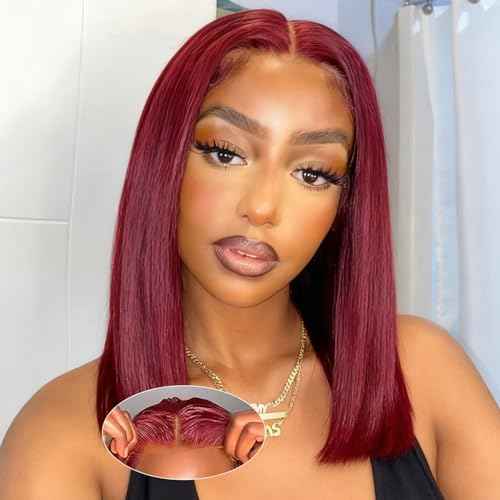 Burgundy 5x5 HD Lace Closure Bob Wig Human Hair Glueless Wear and Go Wigs for Black Women 200 Density Virgin Hair Pre Cut Pre Plucked Bleached Knots Glueless Wig 14 Inch 99J Free Part Bob
