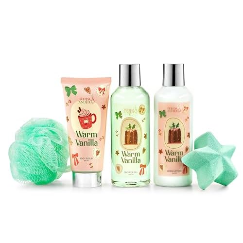 Freida & Joe Fragrance Bath & Body Collection Gift Box, Includes Shower Gel, Body Lotion, Body Scrub, Bath Bomb & Sponge (Warm Vanilla 3.0) ? Mother's Day Gift for Mom