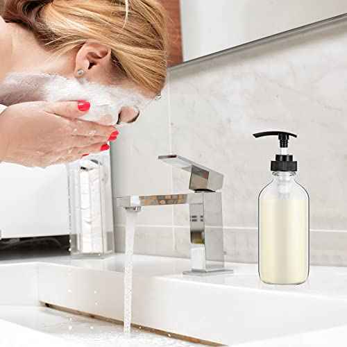 Tanlade 24 Pcs 8 oz Glass Pump Bottle Empty Bottle Glass Soap Dispenser with Pump Refillable Containers and Labels Funnels for Essential Oils Cleaning Products Lotions Conditioner(Clear)