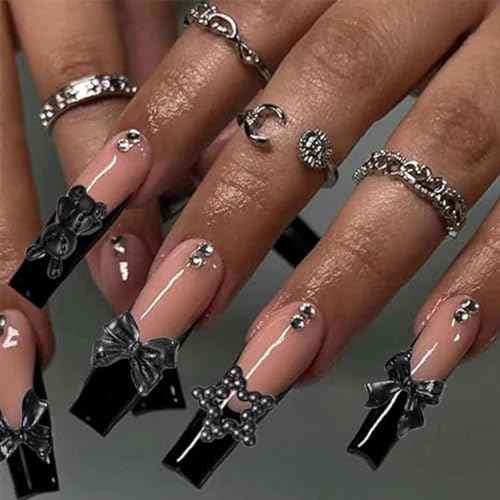 110 Pieces 3D Nail Charms for Acrylic Nails, Camellia Rose Flower Butterfly Bowknot Heart Bear Rabbit Star Charms for Nail Art Designs DIY Accessories Craft(Black+2)