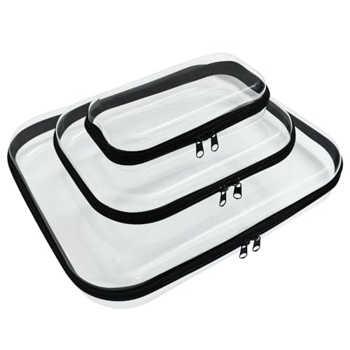 3 Pcs Clear Hard Zipper Case, Hard Shell Plastic Clear Organizer Bag, Transparent Makeup Pouches, Portable Box for Travel Toiletries, Toy Storage Bins (Black, Multi)