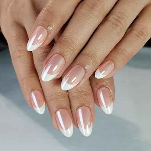 Press On Nails - Paris | French Tip, UV Finish Almond Nails, Reusable | 16 Sizes - 32 Nails in Kit with Glue (French Toast)