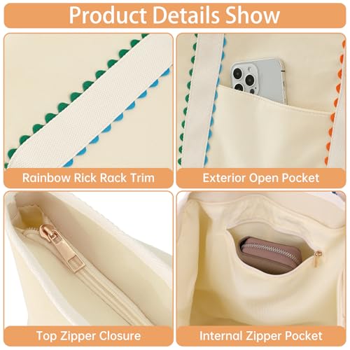 Rainbow Rick Rack Tote Bag for Women - Natural Cotton Canvas, Reinforced Handles