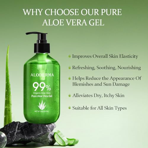 Aloderma Aloe Vera Gels Set, 2 Pieces - 300g Aloe Vera Gel, 300g Aloe Vera Gel + Tea Tree Oil - Hydrating, Soothing, Moisturizing