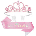 CIEHER 3rd Birthday Crown and Sash Set for Girls - Pink